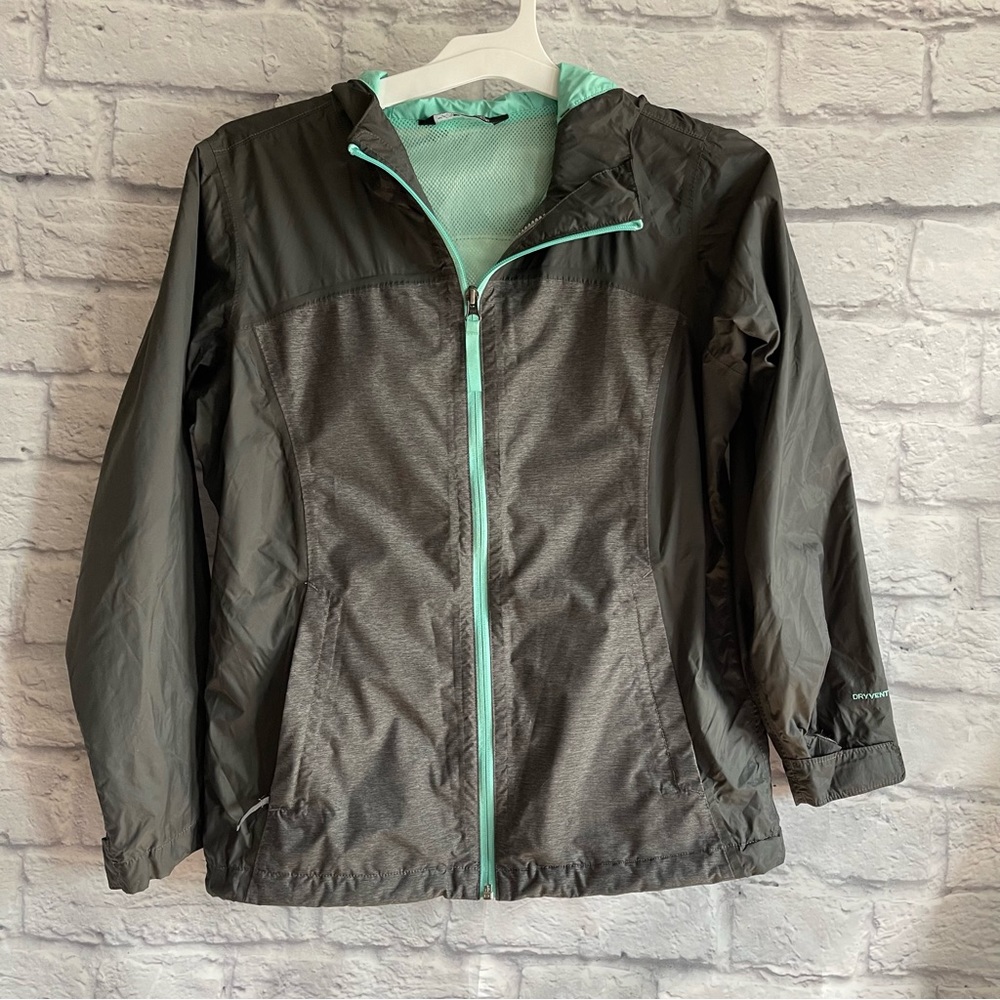 PREOWNED THE NORTH FACE GIRLS JACKET GREY GREEN GIRLS LARGE L 14-16